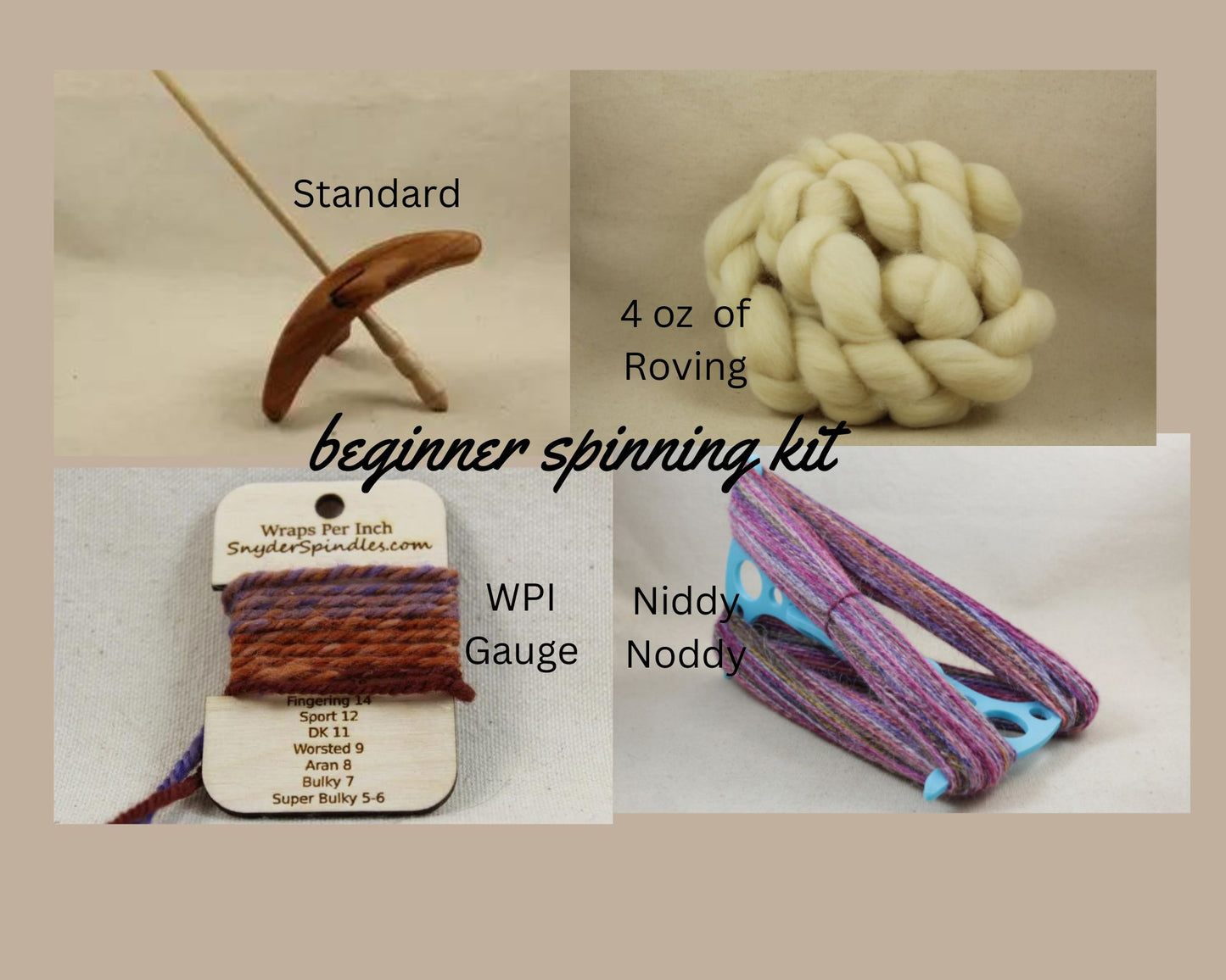 Spinning Kit: Standard, Niddy Noddy, Wraps/Inch gauge, Roving